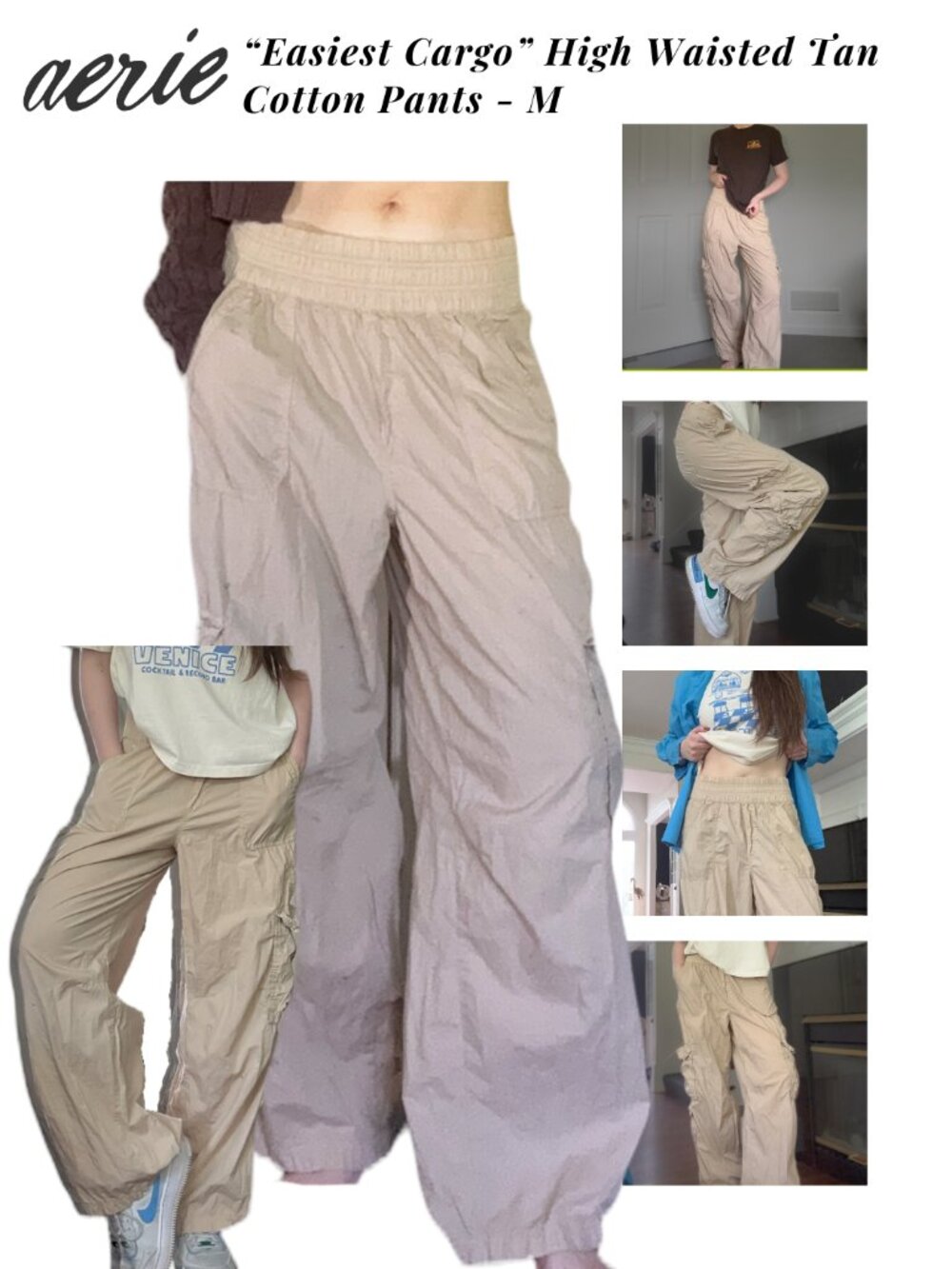 Aerie “Easiest Cargo” High Waisted Tan Cotton Pants - M